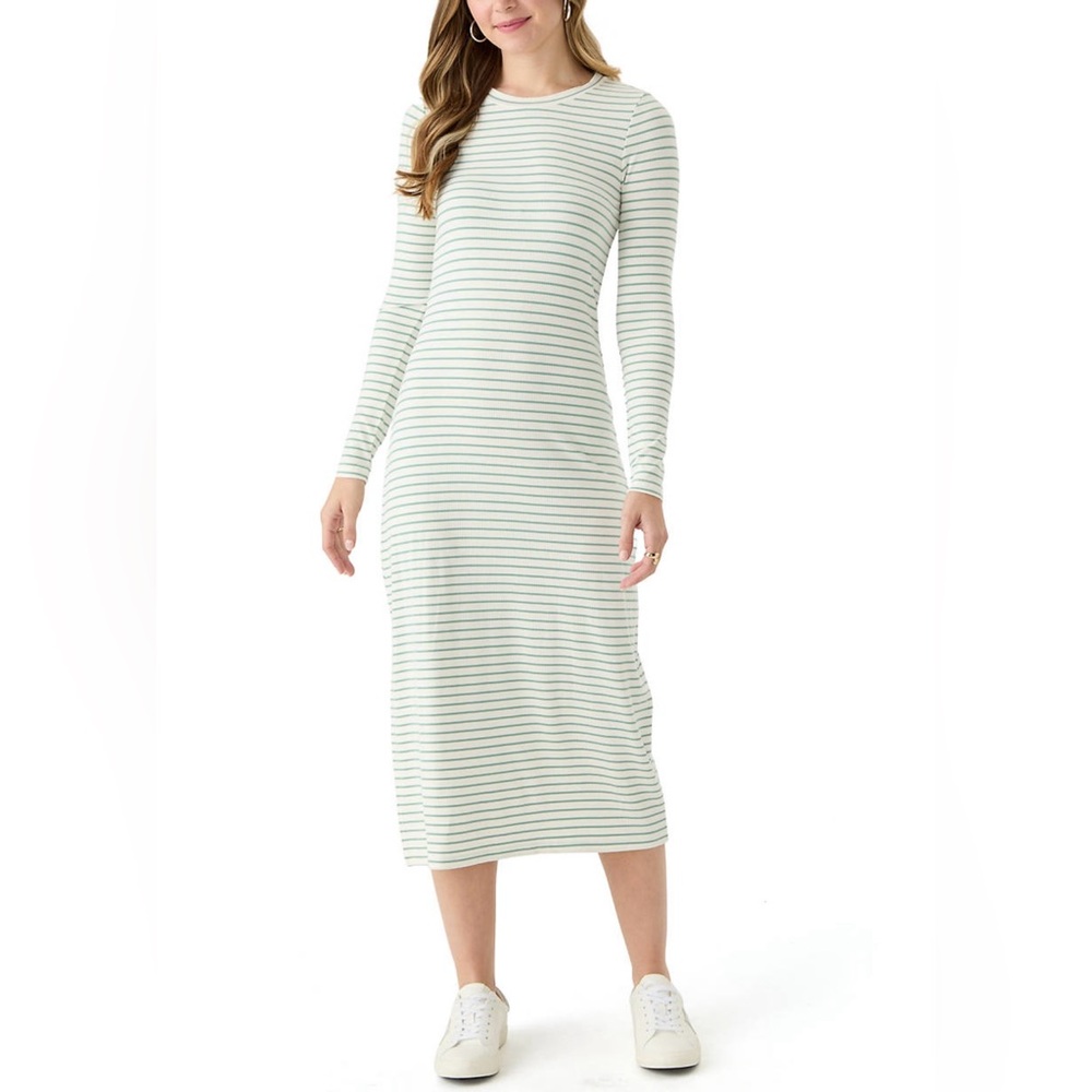 Oak & Trellis Long Sleeve Crew Neck Dress W/Slit, Green/Ivory Stripe, Med, NWT